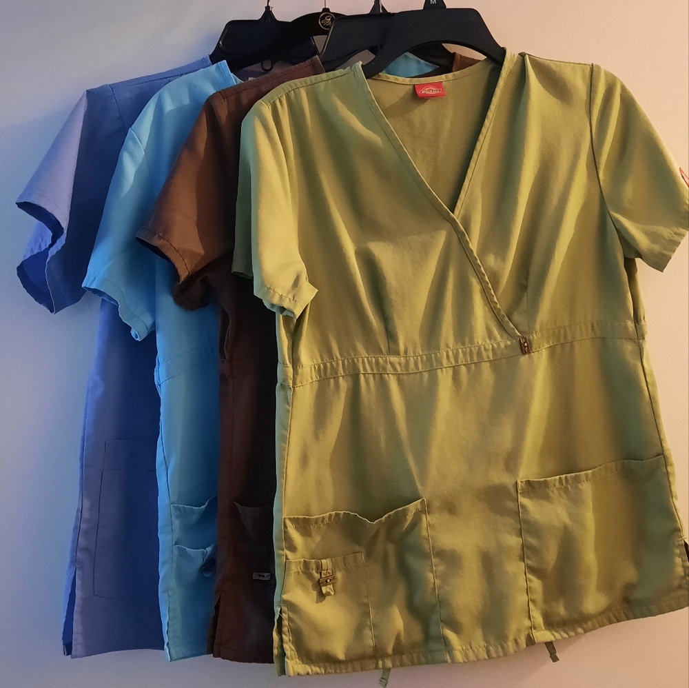 5 pc lot - Dickies XS Lt Blue, Green and Brown Scrub Top-2 S/S snap jackets